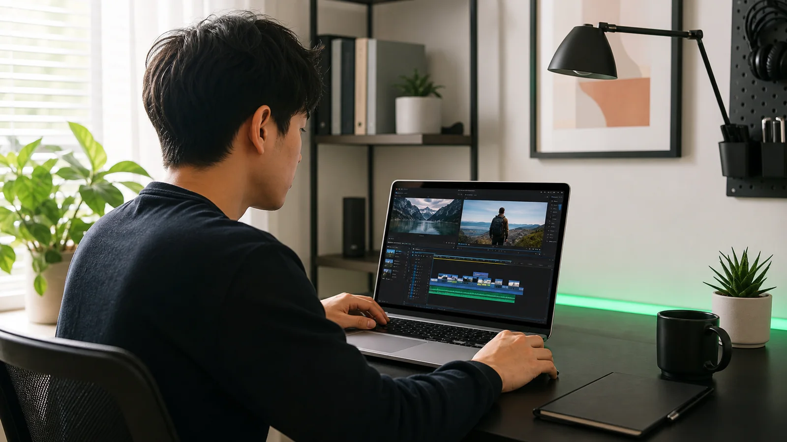 Beginner learning AI video editing at a home workstation